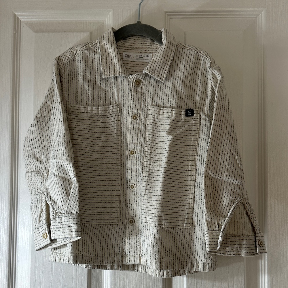 Zara Cream Button-Up Over Shirt with Thin Black Stripes